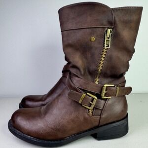 Global Win Brown Boots Women's 8.5 Mid Calf Buckle Accent Zip Up